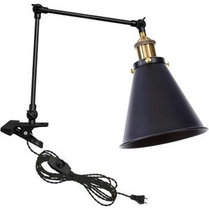 Kiven Plug-in Modern Clip-on Desk Lamp, 1-Light Industrial Nightstand Lamp with Flexible Arm, 8.2FT Plug in Cord, Decorative Clamp Lamp for Home Bookshelf Bedside Office Black Finish