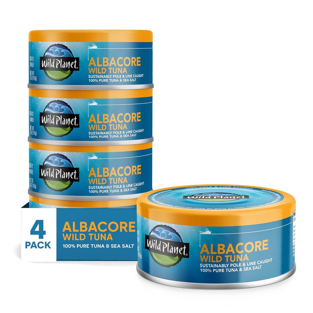 Wild Planet Albacore Wild Tuna, Sea Salt, Canned Tuna, Sustainably Wild-Caught, Pole & Line, 5 Ounce (Pack of 4)  BBD: 06/24/2028  