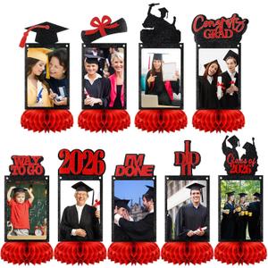 Spiareal 9 Pcs Graduation Decorations Class of 2026 Table Centerpieces Congrats Glitter Grad Honeycomb for Photo Toppers 2026 Congratulate Graduation Party Decor Favor Supplies(Red)