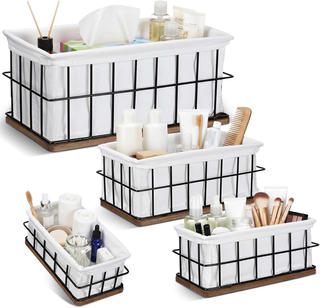4 Pack Metal Basket with Liner Wooden Bottom Bathroom Baskets Organizer Multiple Sizes Wire Storage Rustic Farmhouse Decor for Home Kitchen Toilet Cabinets Pantry Laundry Room