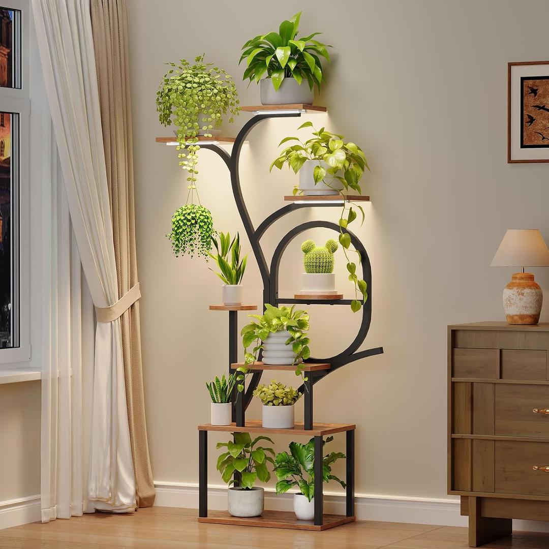 Plant Stand Indoor with Grow Lights - 60" Tall Plant Shelf, Indoor Plant Lighting Stands, 8 Tiered Flower Holder, S-Shaped Decorative Rack for Living Room, Rustic Brown and Black PSHR170E01 