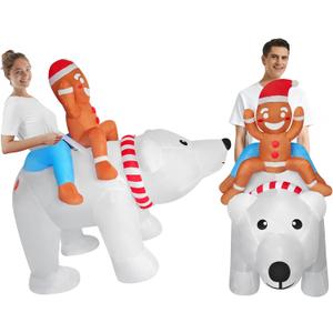 Funny Inflatable Gingerbread Man Riding On Polar Bear Costume Blow-Up Outfit for Adult/Christmas Parade/Halloween