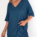 PRETTYGARDEN Womens 2 Piece Sets 2026 Oversized Vneck Half Sleeve Tops Shorts Lounge Set Casual Summer Travel Beach Outfits (Blue, S)