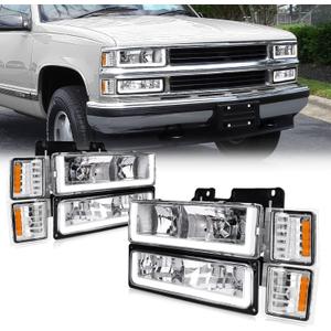 POLLY WALES Headlights Assembly Compatible with 1994-1998 Chevy Silverado/Tahoe/Suburban/C10 - Chrome Housing Clear Lens Amber Reflector (with Ultra Bright Led DRL)