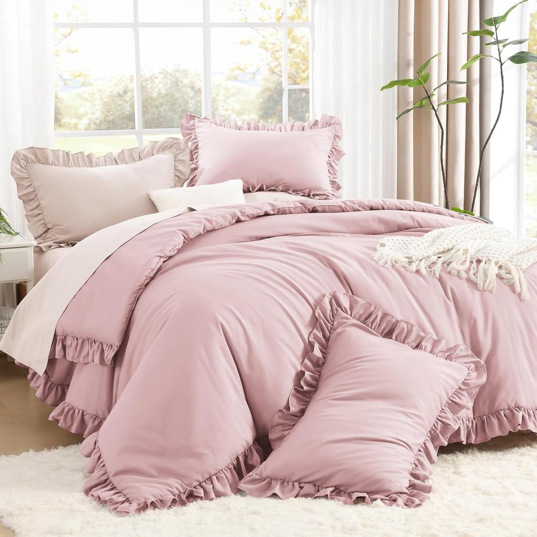 Litanika Grayish Pink Queen Comforter Set, 3 Pieces Ruffle Farmhouse Aesthetic Bedding Comforter Set, All Season Soft Lightweight Fluffy Microfiber Bed Set(90x90In Comforter, 2 Pillowcases)