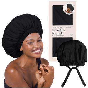 Kitsch XL Satin Bonnet for Sleeping - Softer Than Silk Hair Bonnet for Women - Secure Fit, Adjustable Night Cap for Curly & Textured Hair - Prevents Breakage, Tangles & Thinning - Black