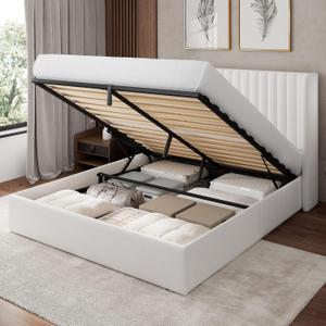 Feonase Queen Size Lift Up Storage Bed Frame, Velvet Upholstered Platform Bed Frame with Wingback Headboard, Hydraulic Storage, No Box Spring Needed, White