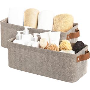 StorageWorks Narrow Storage Bins, Small Basket for Closet and Shelves, Fabric Organizer with Handles, Toilet Paper Storage, Brown and Beige, 2-Pack