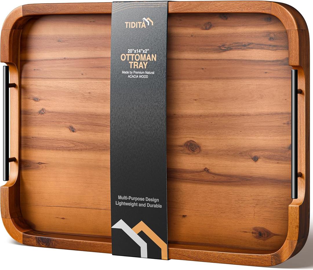 TIDITA 20"x14" Wooden Large Ottoman Tray, Serving Tray with Metal Handles