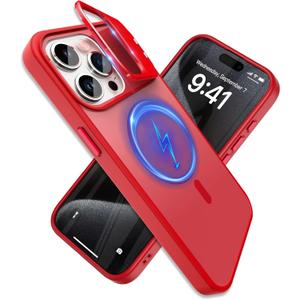YFEMLAZ for iPhone 15 Pro Case(Built-in Invisible Kickstand) Heavy Duty MagneticCompatible with MagSafe Military-Grade Drop Protection,Translucent Matte for iPhone 15 Pro Case 6.1",Red