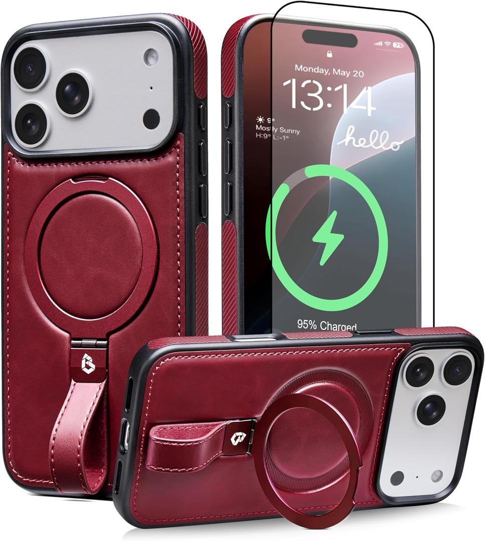 BUTAIGA for iPhone 17 Pro Leather Case with Stand, Anti-Slip Grip Ring, Fits for MagSafe (Burgundy, IP17 Pro-6.3inch)