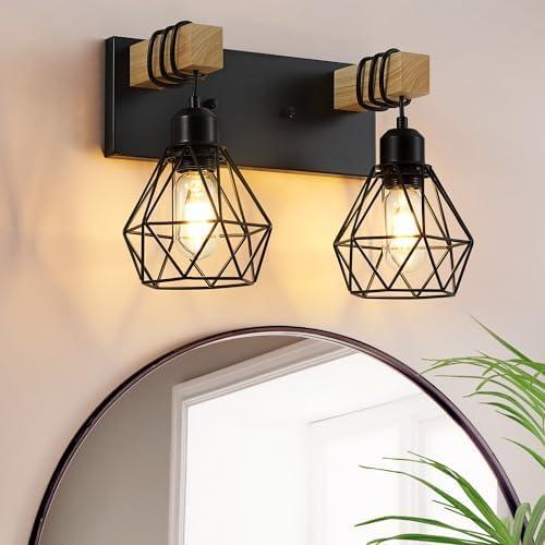 Farmhouse Vanity Light for Bathroom, 2-Light Wood Bathroom Vanity Light Fixtures Over Mirror, Rustic Sconces Wall Lighting with Metal Lampshade for Living Room, Bedroom, Hallway