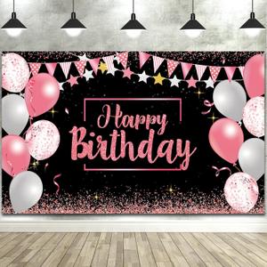 Tatuo Happy Birthday Decorations Backdrop Banner, Glitter Birthday Backdrop Sign Poster Party Supplies Photo Background for Men Women, 72.8 x 43.3 Inch (Pink and Black)