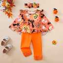 Kislio Toddler Baby Girls Fall Winter Clothes Pumpkin Ghost Shirt Tops Ruffle Pants Set Infant Thanksgiving Outfits 3PCS (6-12 Months)