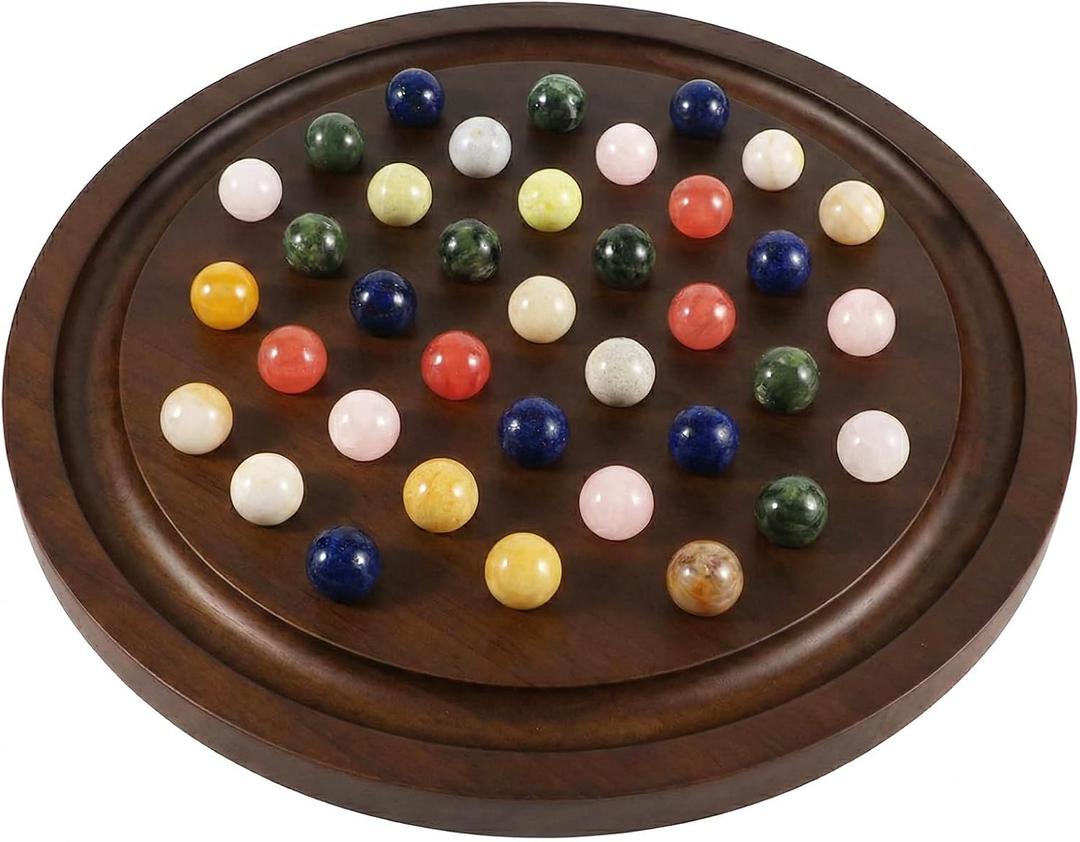 15.7 Inches Extra Large Solitaire Marble Game Set Wood with 36 Multicolors Natural Stone Marbles Pieces Adults Classic Deluxe Game for Night Party and Gatherings