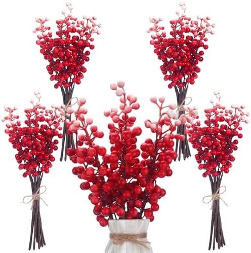 Crowye 40 Pcs 11.81 Inch Artificial Berry Picks with Stems Fake Faux Berry Picks Ornaments for DIY Craft Home Anniversary Wedding Holiday Party Decor(Red and White)
