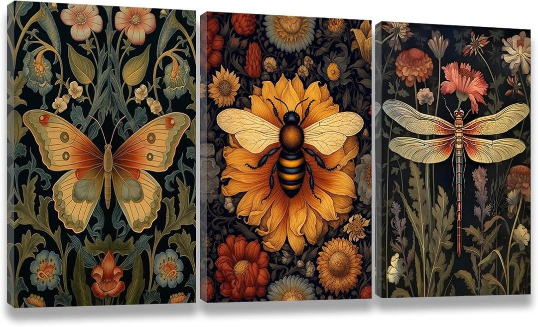 3 PCS William Morris Canvas Wall Art for Home Decor Bee Dragonfly Butterfly Painting Poster William Morris Botanical Insects Pictures Prints Wall Decor for Living Room Bedroom Home Decorations 1216 in(Stretched Canvas on A Wooden Frame)