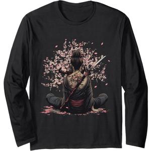 Japanese Geisha Sakura Cherry Blossom Japanese Samurai Girl Long Sleeve T-Shirt, S