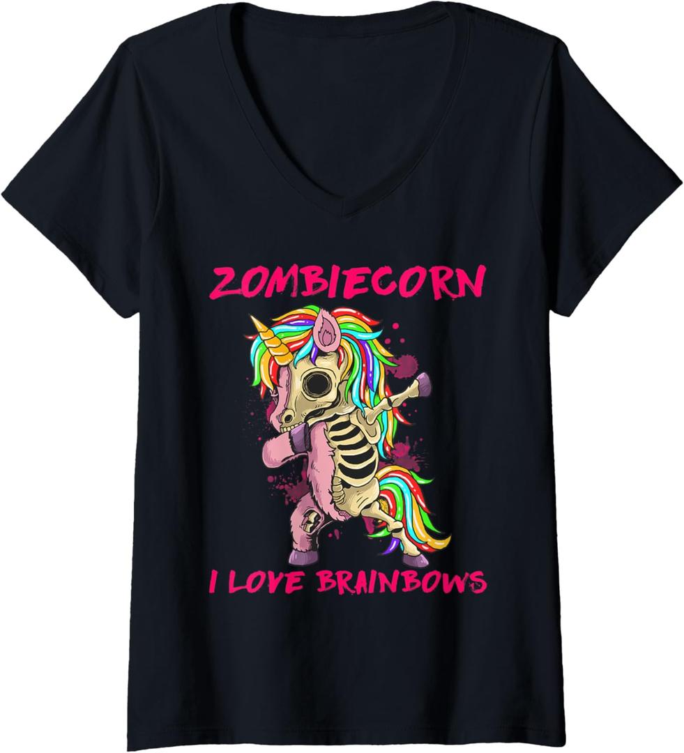 Womens Zombiecorn I Love Brainbows Zombie Halloween Unicorn Lovers V-Neck T-Shirt 4T