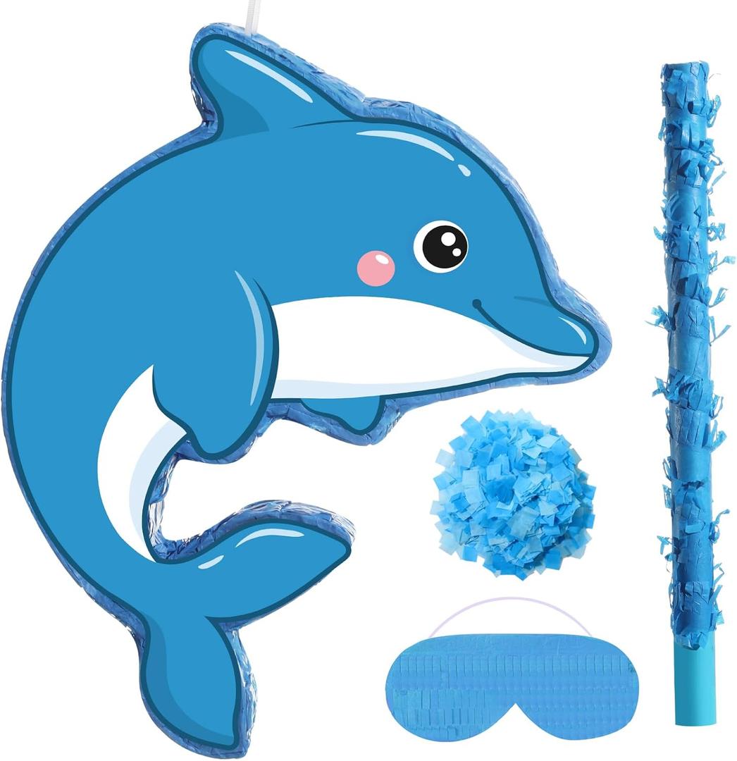 Small Dolphin Piata Under the Sea Piata with Blindfold Bat and Confetti for Kids Dolphin Piata Ocean Dolphin Piata Decorations for Kids Birthday Party Baby Shower Supplies, 16 x 12.6 x 3"