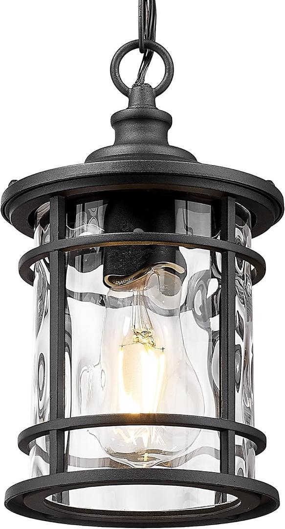 Emliviar 10.2" Hanging Lantern Light for Outside, Modern Outdoor Pendant Lighting Chandelier with Adjustable Chain, Black Porch Light with Water Ripple Glass, XE229H-S WG BK
