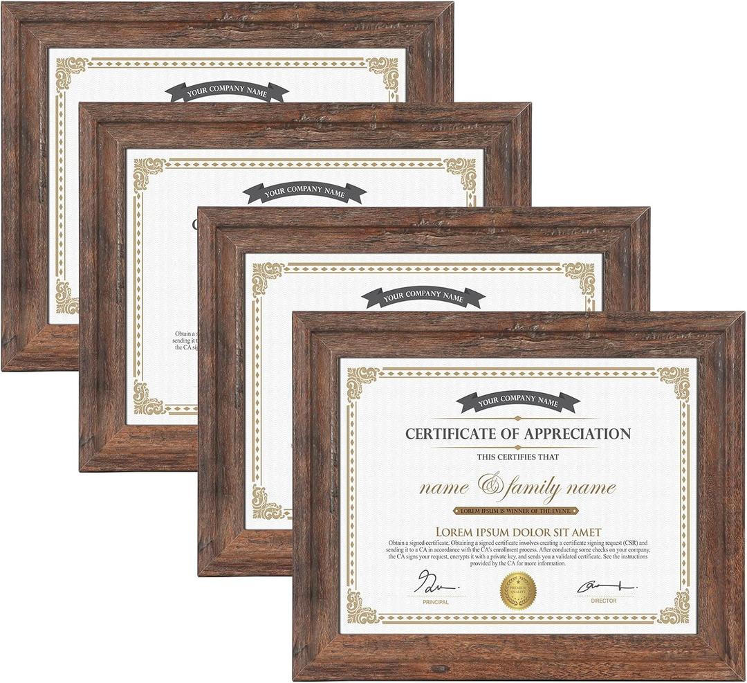 8.5x11 Certificate Document Frame Rustic Distressed Picture Frames 8.5 x 11 Set, Wall Hanging and Tabletop, 4 Pack, Brown