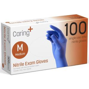 Caring Nitrile Exam Gloves, Blue, Powder-Free, Disposable Gloves for Medical Care, First Aid, Cleaning, Food Prep (Medium (Pack of 100))