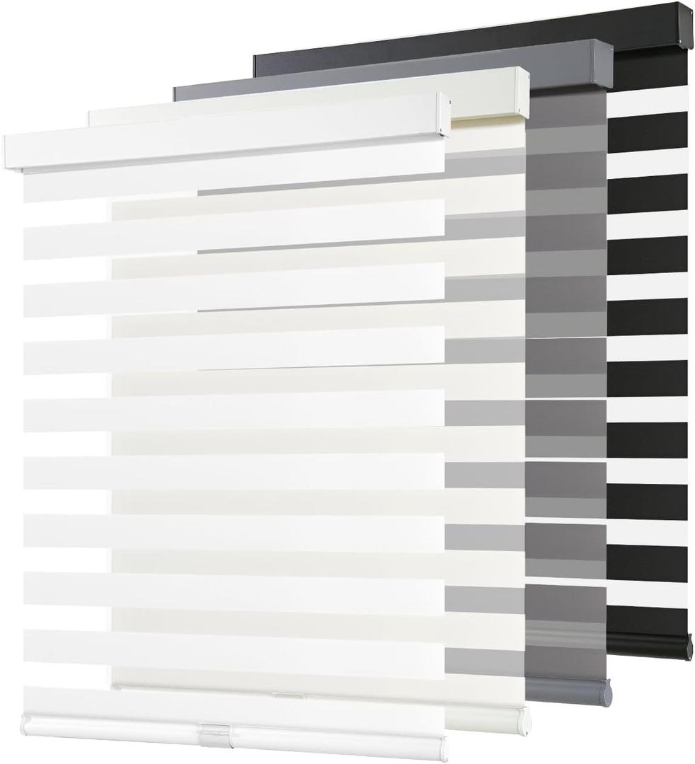 AOSKY Cordless Zebra Blinds for Windows Pull Down Roller Window Shades Dual Layer Light Filtering Privacy for Day and Night, Free-Stop Door Shades for Home Easy to Install (35" W X 84" H White)