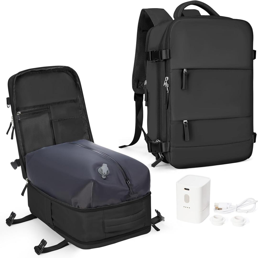 Coowoz Vacuum Backpack Travel with Pump,Travel Backpack with Vacuum System For Women Men,Carry On Backpack,Hiking Backpack Waterproof Outdoor Sports Rucksack Casual Daypack,30L(Vacuum Pump),Black