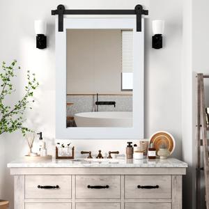 COGOOD Farmhouse Barn Door Mirror - 25 x 38 Rustic Bathroom Mirror for Living Room, Entryway, Vanity Wall Decor (Pure White) (38"L x 25"W)