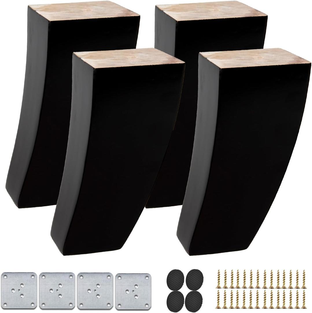 5 inch / 12cm Wooden Furniture Legs, Set of 4 Mid Century Modern Solid Wood Black Curved Pyramid Square DIY Replacement Feet for Sofa Couch Armchair Bed Recliner Riser