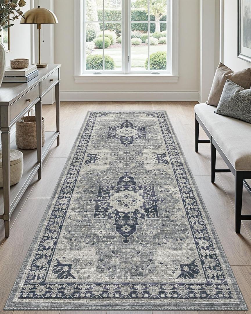 DEXI Hallway Washable Runner Rug 3x8, Vintage Soft Thin Kitchen Runner with Non Slip Backing, Farmhouse Entryway Floor Rug, Stain Resistant Distressed Carpet for Bedroom Living Room, Blue Grey