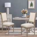 CangLong Farmhouse Dining Room Accent Chairs, Modern Distressed Bedroom Chairs with Square Back, Elegant Kitchen Chairs Side Chair, Set of 2, Fabric Back in Beige