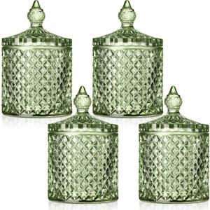 Aoriher 4 Pcs Crystal Glass Candy Jar Set with Lids Home Decorative Storage Jars for Apothecary, Bathroom, Kitchen, and Pantry, Ideal for Cotton Swabs and Jewelry (Medium,Green)