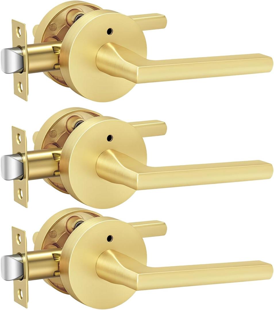 Goldenwarm Gold Door Handles, Privacy Bruhsed Gold Door Handle, Heavy Duty Zinc Alloy Interior Door Levers, Brushed Brass Door Lever Indoor for Bedroom, Bathroom, (3 Pack)