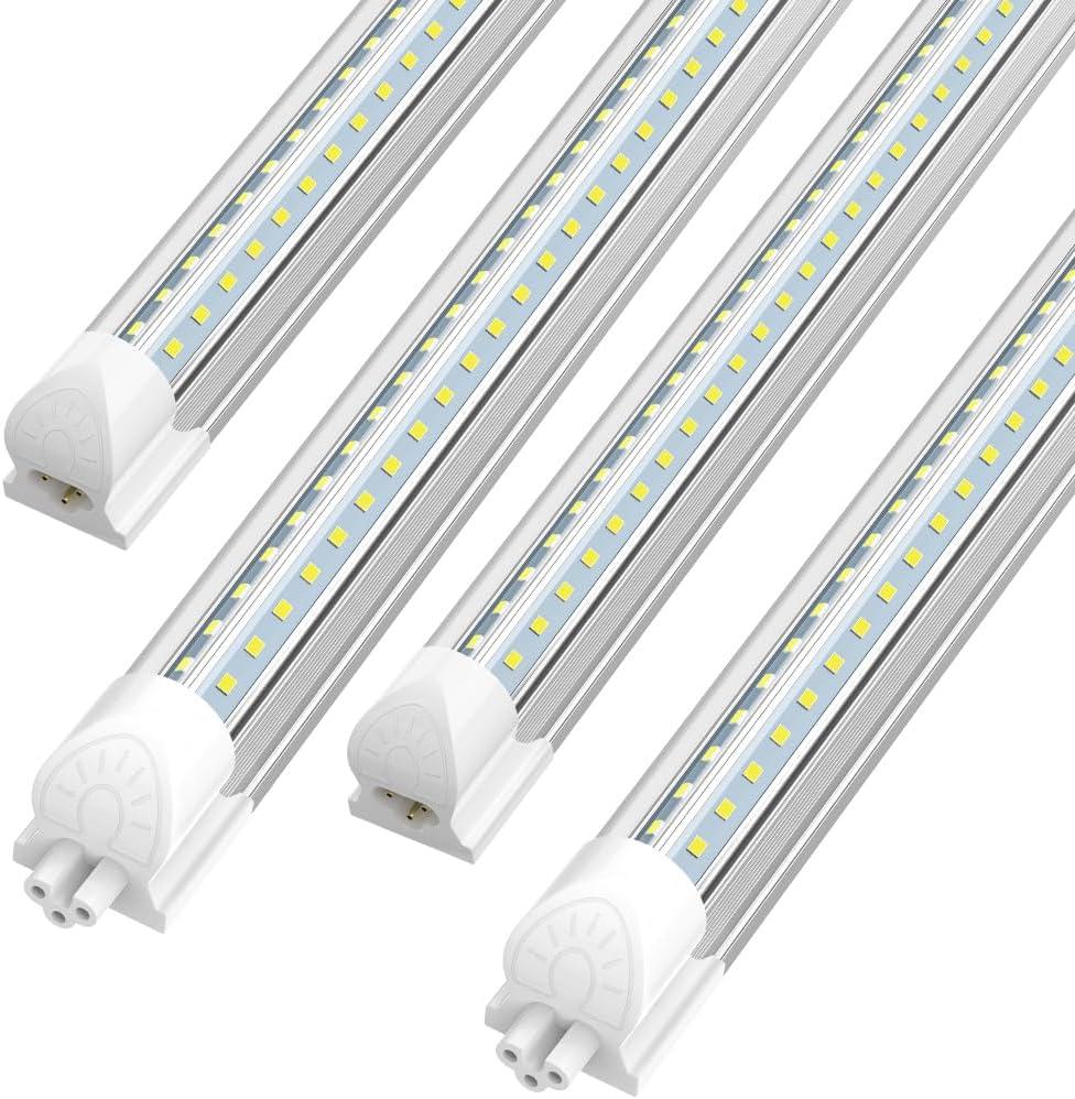 (Pack of 4) Linkable LED Utility Shop Lights for Garage, 6FT, 60W, LED Tube Ceiling Light T8 Integrated Single Fixture, 6000K, 8000LM Daylight V Shape, Basement, Offices, Clear Lens, Plug and Play