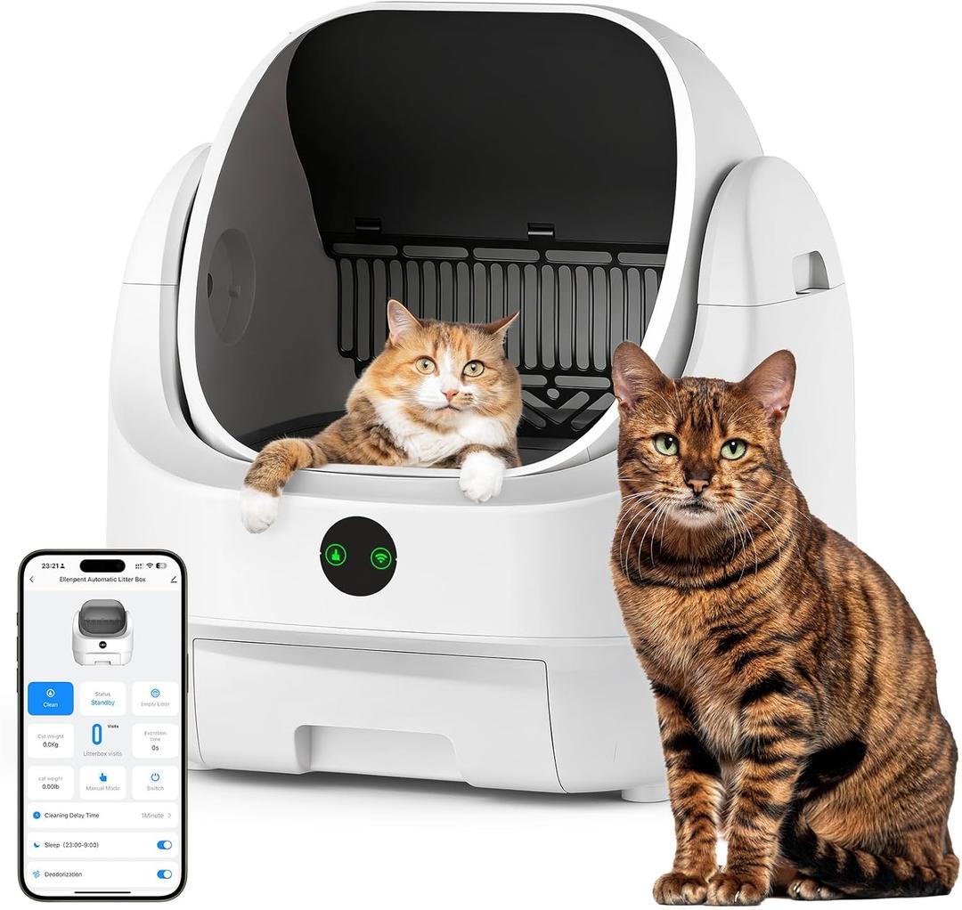 Open Top Automatic Litter Box, Odor Control, Ready to Use, Self Cleaning Litter Box, Large Capacity with APP Control and Safety Sensor, Ellenpent, with Trash Bags/Waterproof Mat/Litter Mat
