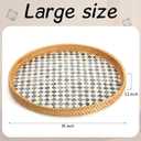 16 inch Round Rattan Tray with Mother of Pearl Inlay Wicker Serving Tray with Wooden Base Boho Decorative Wicker Basket for Table Decor Bathroom Candle Perfume(Black Checkerboard)