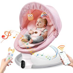 Baby Swing for Infants - Electric Baby Rocker with Exclusive App Function, Upgraded 5 Point Harness, Bluetooth Support, 10 Preset Lullabies and 5 Speeds, Portable Swing for Baby Boy GirlPink