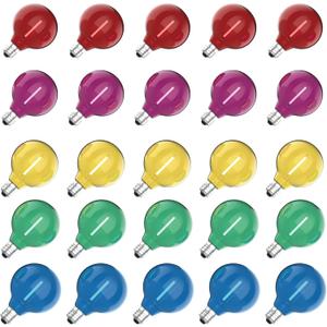 Meconard 25 Pack G40 Colored LED String Light Bulbs, E12/C7 Candelabra Base Shatterproof LED 1 Watt Globe Replacement Bulbs, Multi-Color: Red/Green/Blue/Orange/Purple