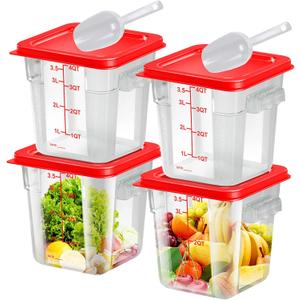 4 pcs 4qt Food Storage Containers with Lid, Square Clear Commercial Food Storage Containers with Handle and Scale for Food Storage in Home Kitchen & Dining (Red)