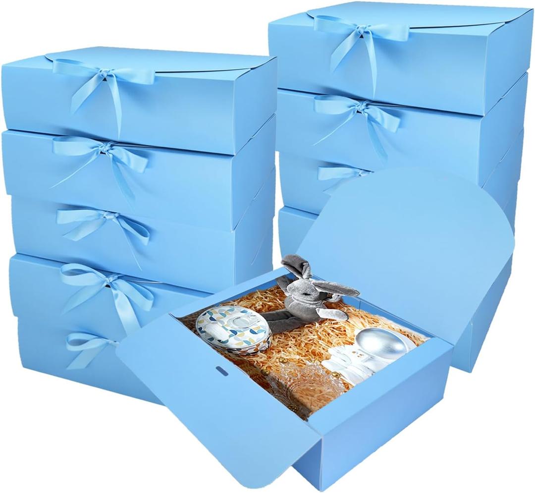 10 PCS Gift Boxes with Lids, 10.6x7.8x3.1 Inch Kraft Paper Gift Box, Blue with Ribbon, Bridesmaid Proposal Box for Wedding, Packaging, Present, Birthday, Cupcake,Groomsmen Proposal