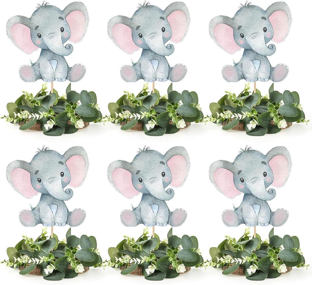 6 Sets Elephant Baby Shower Table Centerpieces with Eucalyptus Wreath Wood Slices Baby Shower Decorations Table Toppers for Boys Girl Pink Elephant Theme Birthday Party Supplies