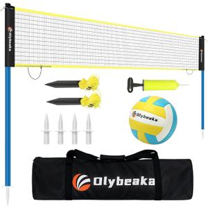 Portable Outdoor Volleyball Net Set for Backyard Beach with Adjustable Poles, Durable 20ft/32ft Net, Soft PU Volleyball & Pump, Carry Bag - Easy Set Up & Durable (Blue + Black)