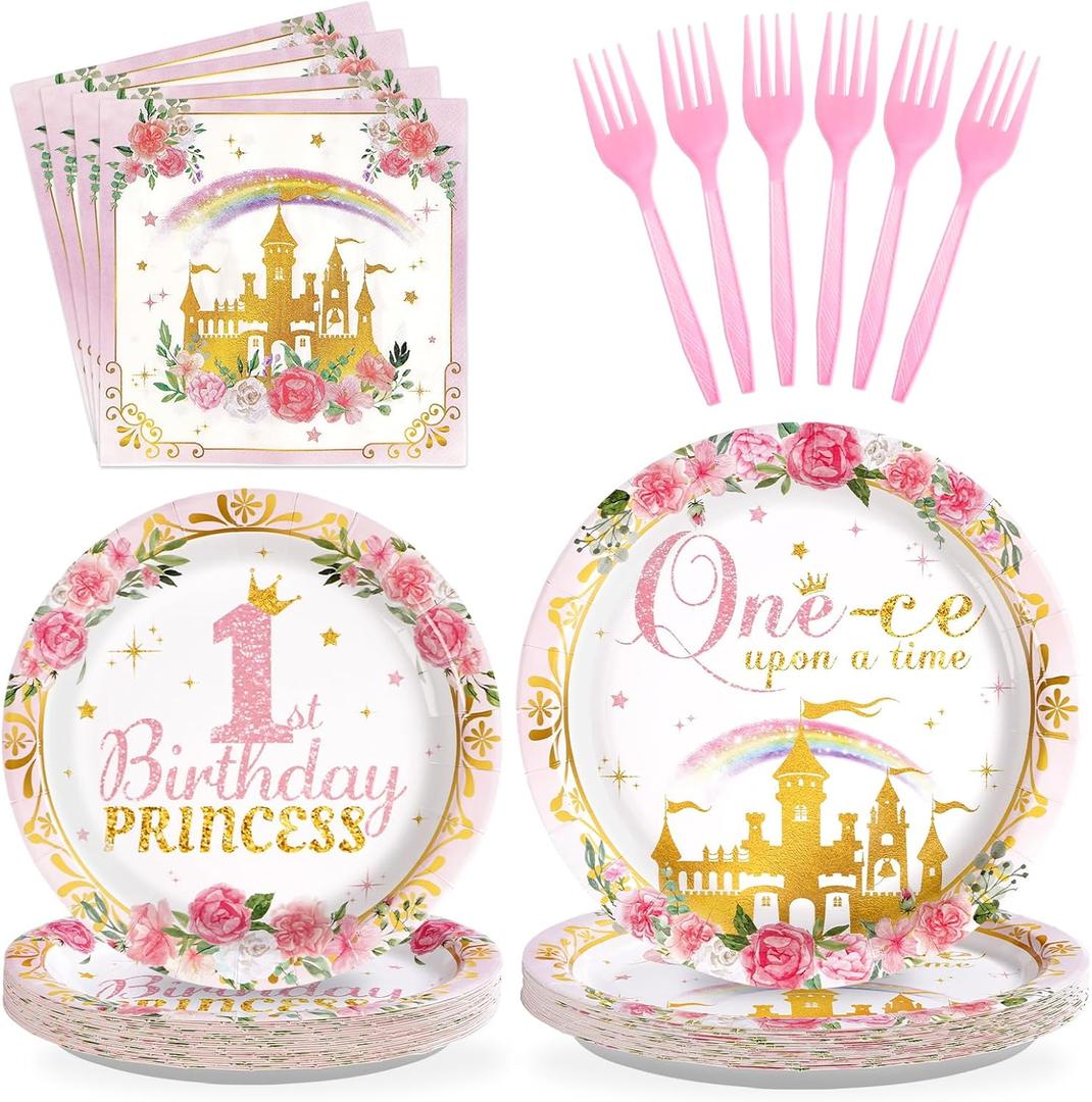 Grencian 96Pcs Princess 1st Birthday Party Decorations One-ce Upon a Time First Paper Plates and Napkins Onederland Castle Birthday Tableware for Girls Pink One Year Old Fairytale Party Supplies