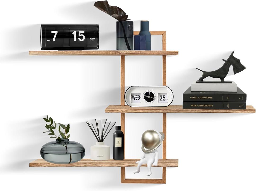 3 Tier Wall Shelves,Decorative Floating Shelf for Wall,Plants Photo Shelf Storage Display Shelving Wood for Living Room Bedroom Kitchen Home Office Decor,Modern,Large,22 Inch(Carbonized Black)