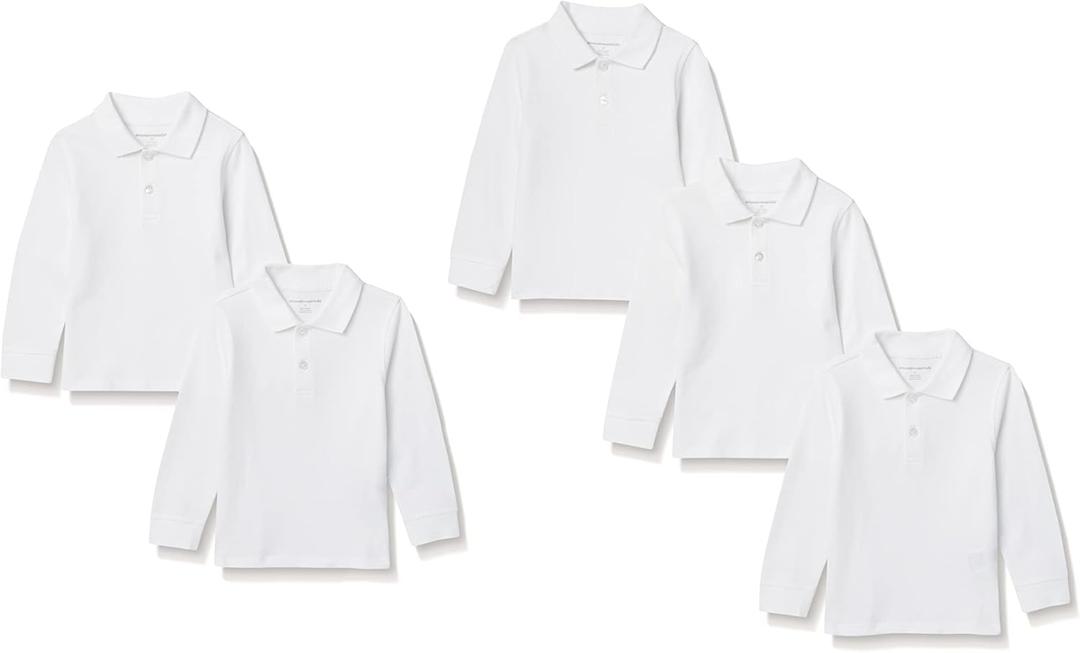 Amazon Essentials Boys' Long-Sleeve Pique Polo Shirts, Pack of 5, White, Small