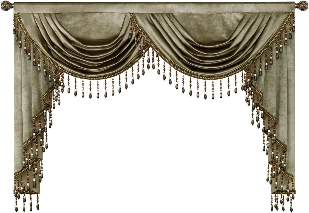 VOGOL Vintage Style Waterfall Valance Curtains, Not See Through Velvet Window Treatment with Tassels, Light Filtering Decorative Drapes for Living Room, 59 Inches Wide, Brown (59"W x 43"L (Pack of 1))