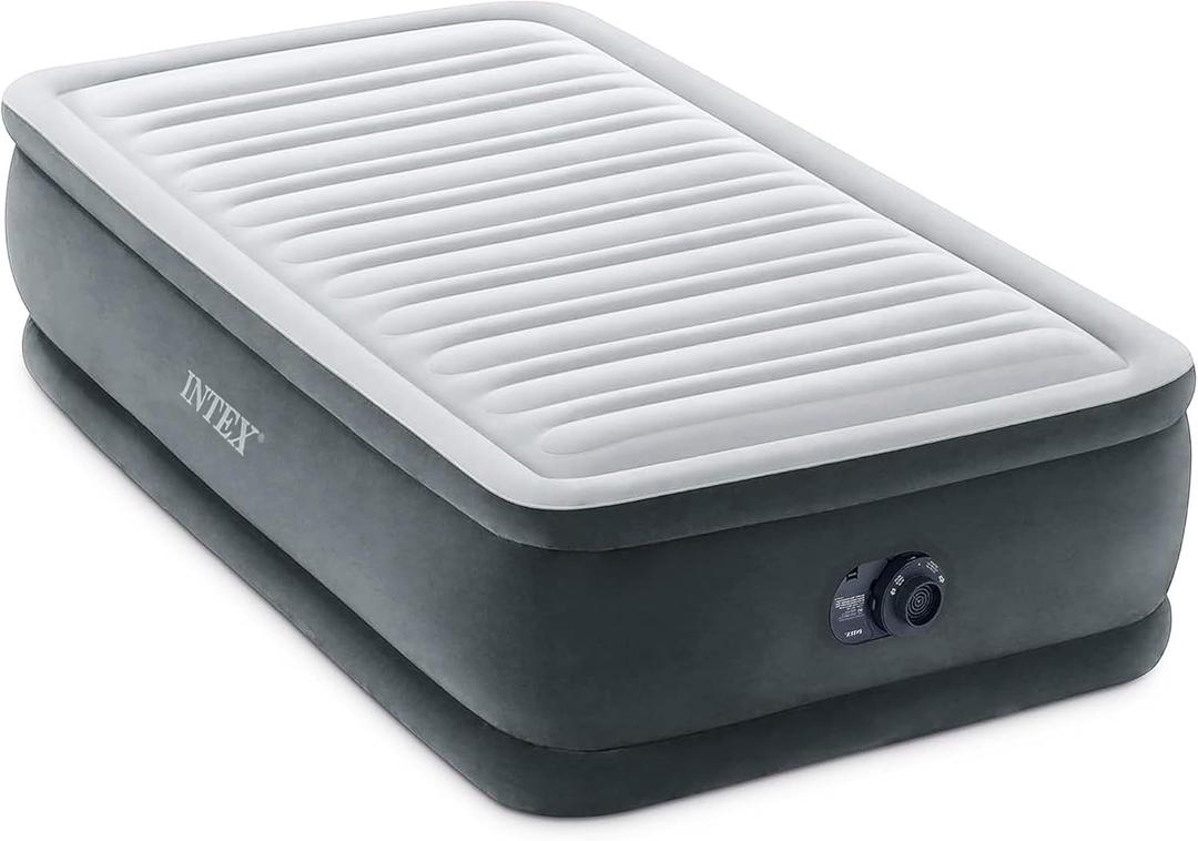 Intex Twin Size Air Mattress, 18in Height, Built-in Pump, Dura-Beam Deluxe Comfort-Plush - Portable Inflatable Blow-up Bed for Camping, Travel, Guests (Grey)