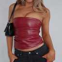 PU Leather Tube Top Strapless for Women Sexy Bandeau Vest Ruched Bustier Crop Top Streetwear (S)